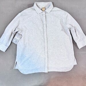 Buki Women’s Button Up Top Shirt Gray Supima Cotton 3/4 Sleeves Size XL